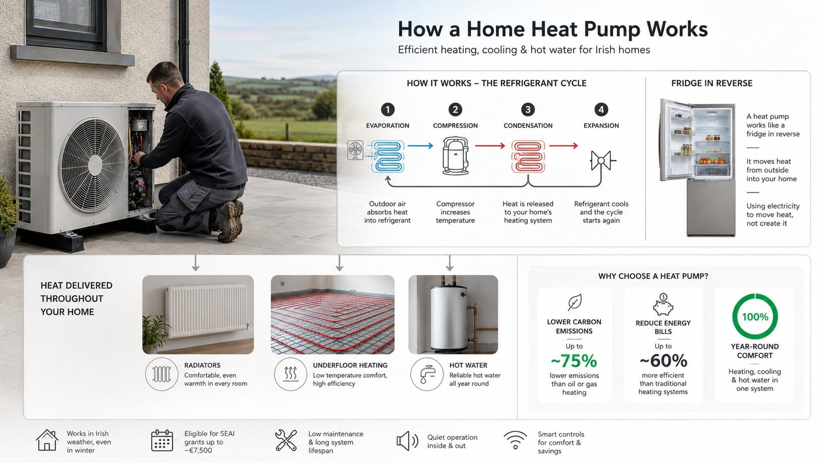 A clear educational illustration showing how a home heat pump works for Irish homeowners, with an outdoor unit extractin