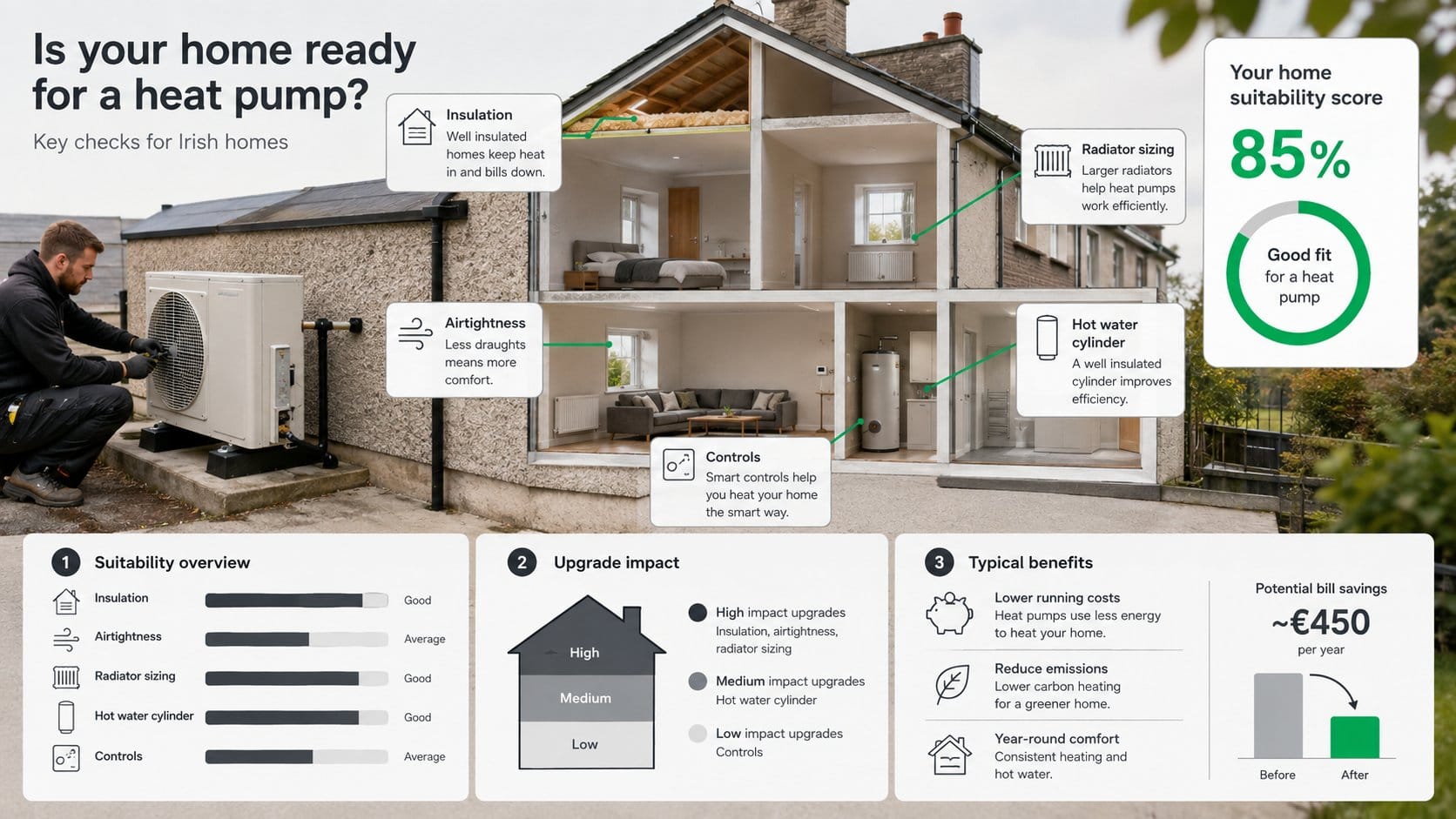 An infographic for Irish homeowners showing whether a home is ready for a heat pump, with a three-bedroom house cross-se