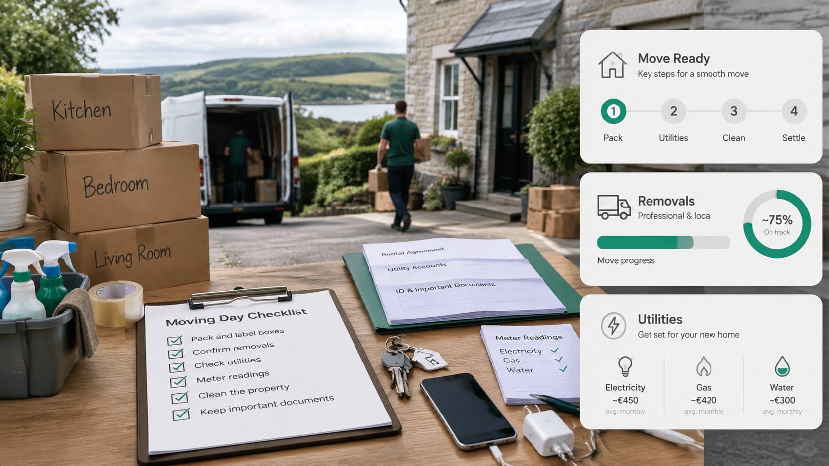 A practical house moving day checklist scene for an Irish home move, showing labeled boxes, a clipboard checklist, keys,