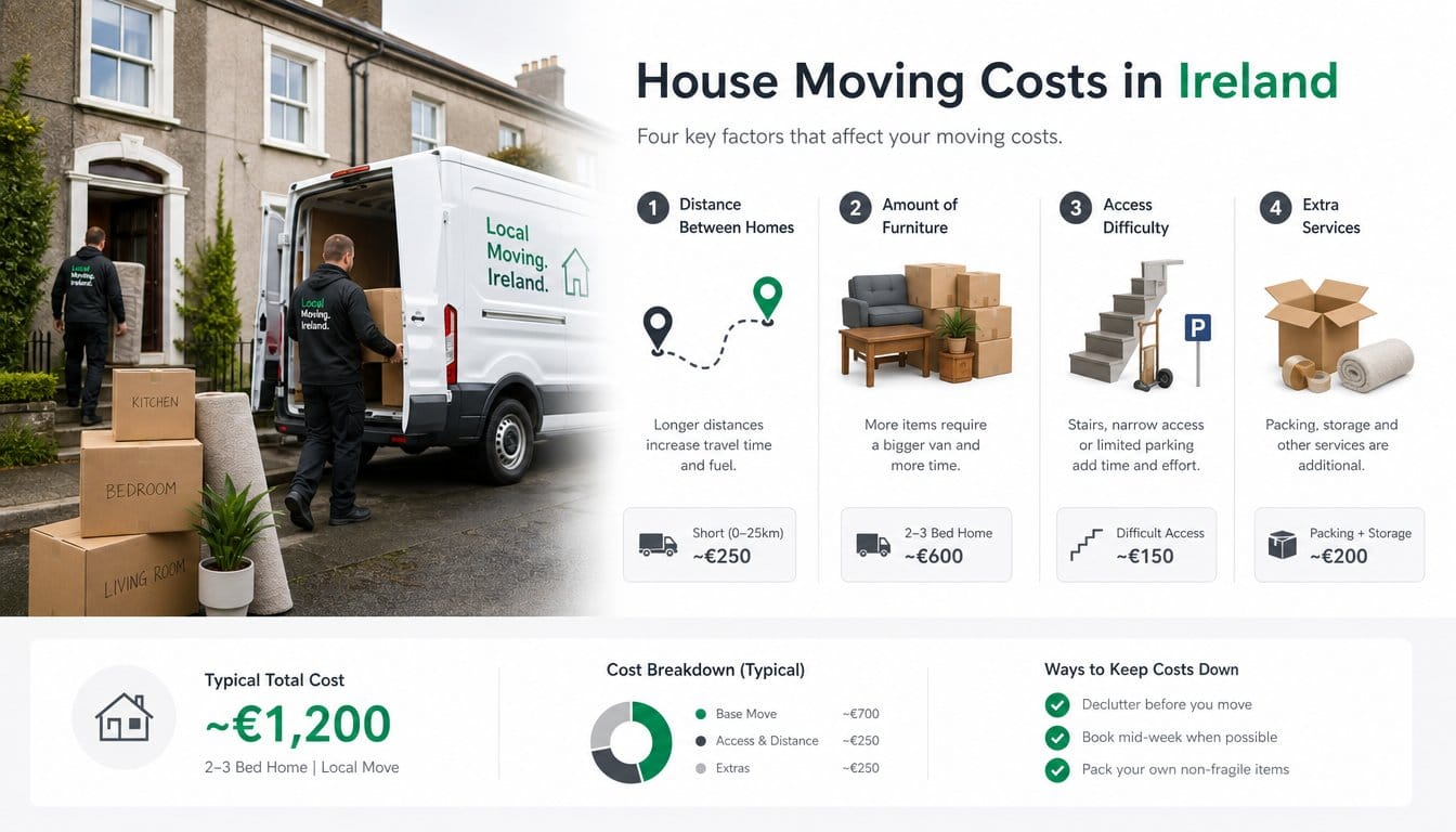 An infographic for a house moving costs section in Ireland, showing four key price factors: distance between homes, amou