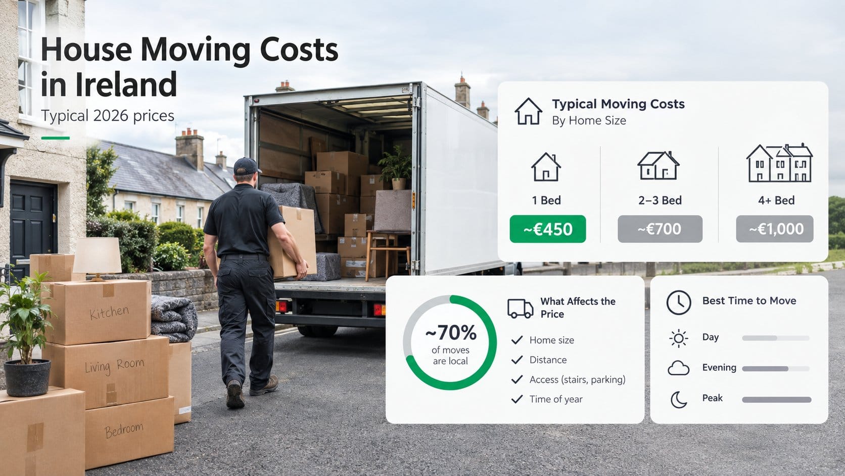 A clear visual about house moving costs in Ireland, showing moving boxes, a removals van, and a simple cost comparison f
