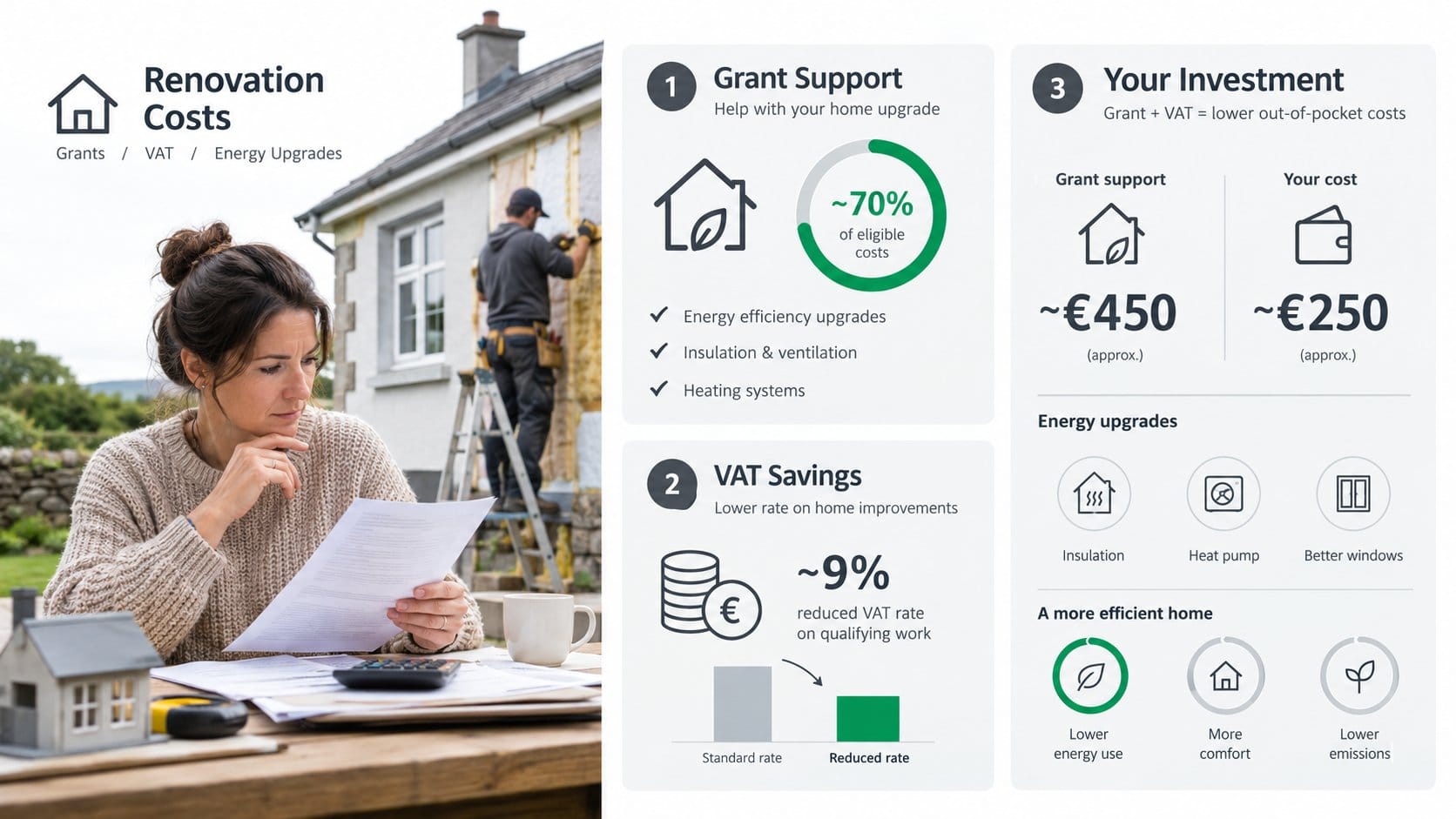 An infographic for a house renovation budget section in Ireland focused on grants and VAT, showing a homeowner reviewing