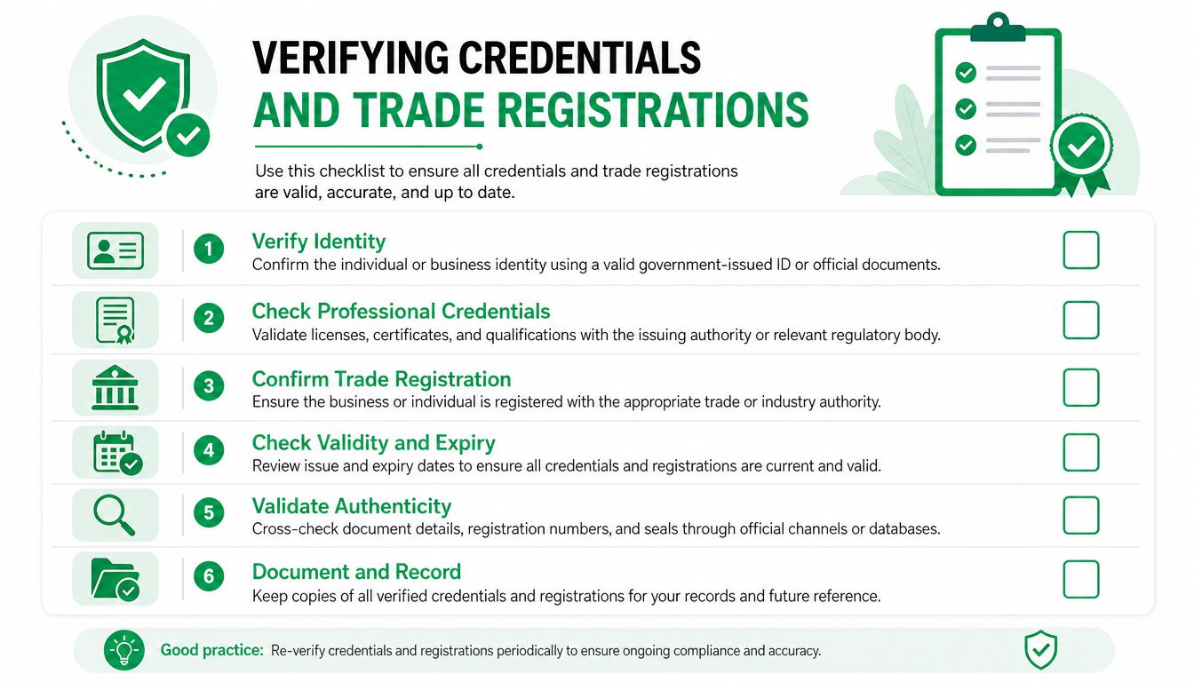A professional checklist infographic showing six essential steps for verifying credentials and business trade registrations.