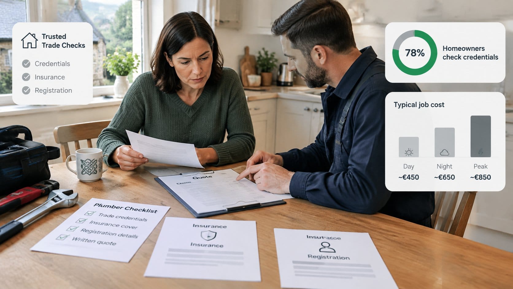 A homeowner in Ireland reviewing a plumber's credentials at a kitchen table, with a printed checklist, insurance documen