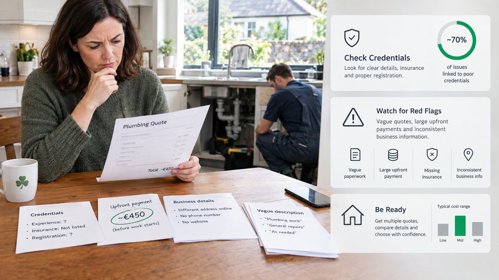 A homeowner in Ireland reviewing a plumber quote and credentials at a kitchen table, with clear warning signs visible su
