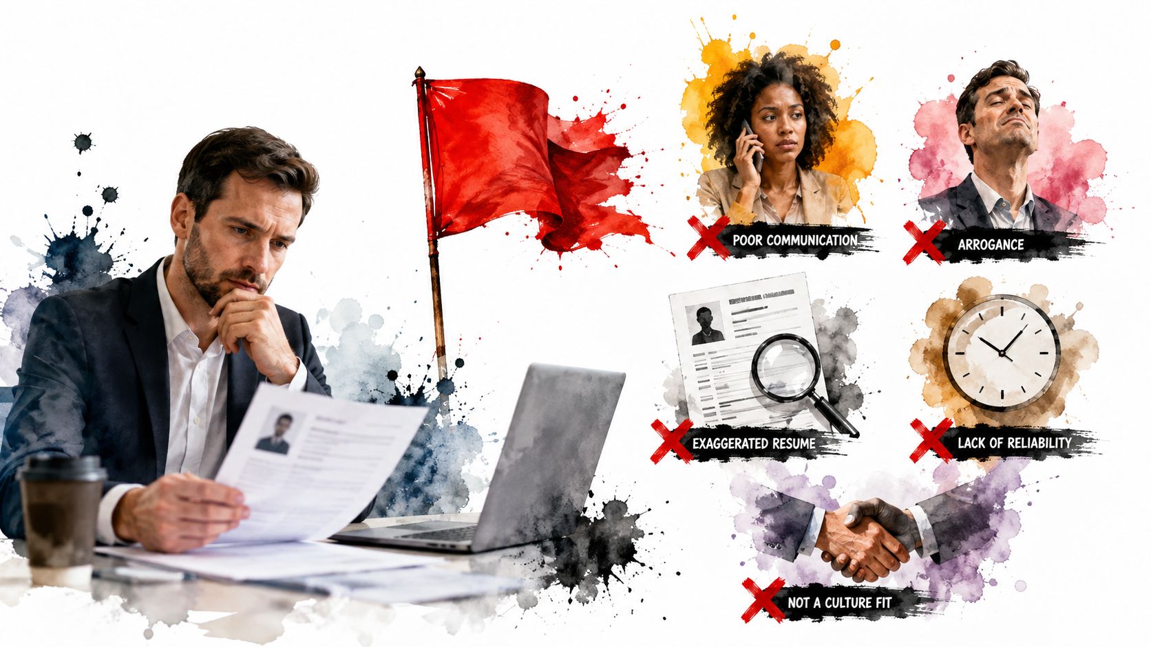A professional recruiter analyzing a job candidate's resume with various red flag warning signs illustrated nearby.