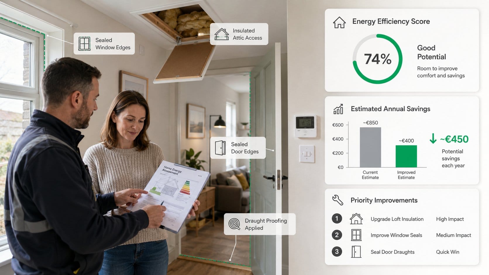 A clear home energy efficiency scene inside an Irish house, showing a homeowner reviewing an energy assessment report wi