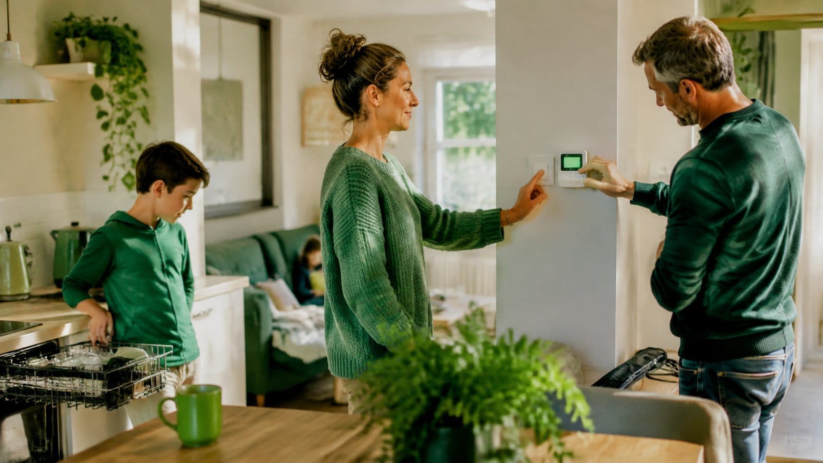 An Irish home energy saving scene showing a family in a bright kitchen and living space using practical electricity savi