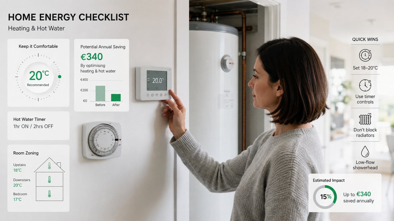 A practical home energy checklist scene focused on heating and hot water controls in an Irish home, showing a wall therm