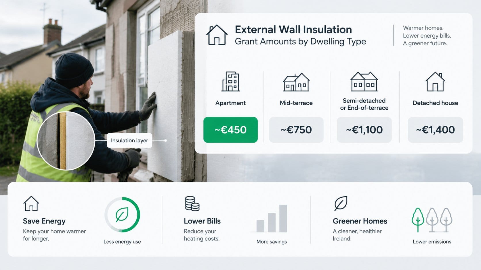 An informative graphic for Irish homeowners showing external wall insulation grant amounts by dwelling type, with a hous
