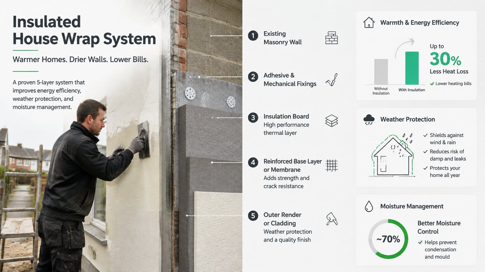 An educational construction infographic showing the layers of an insulated house wrap system on a residential wall, incl