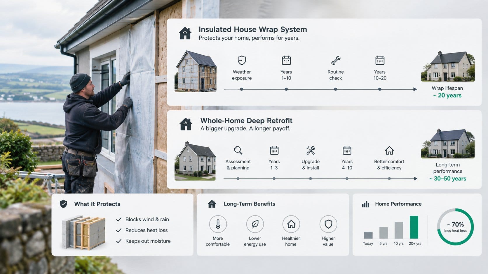 An infographic for Irish homeowners comparing the lifespan of an insulated house wrap system with the longer timeline of