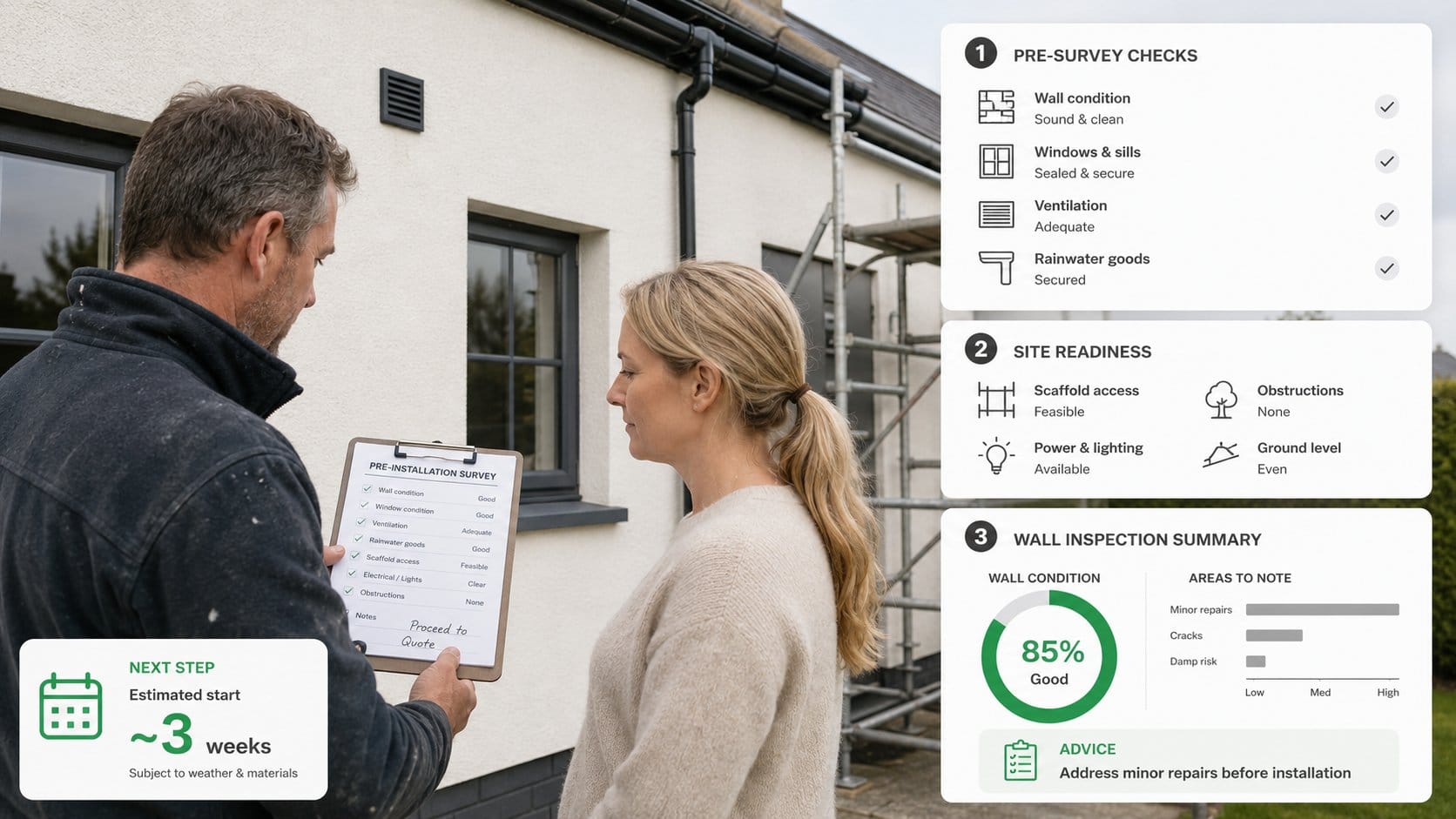 A homeowner reviewing a pre-installation insulation checklist with a tradesperson beside an exterior wall, showing surve
