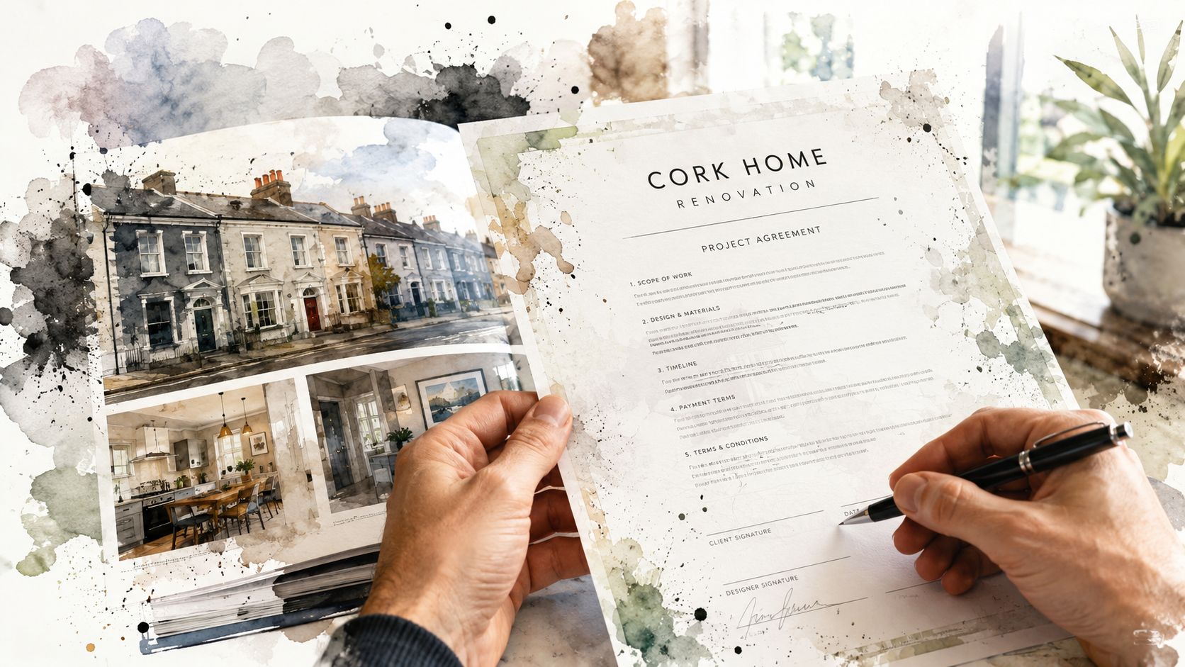 A person signs a professional home renovation agreement for a cork interior design project.