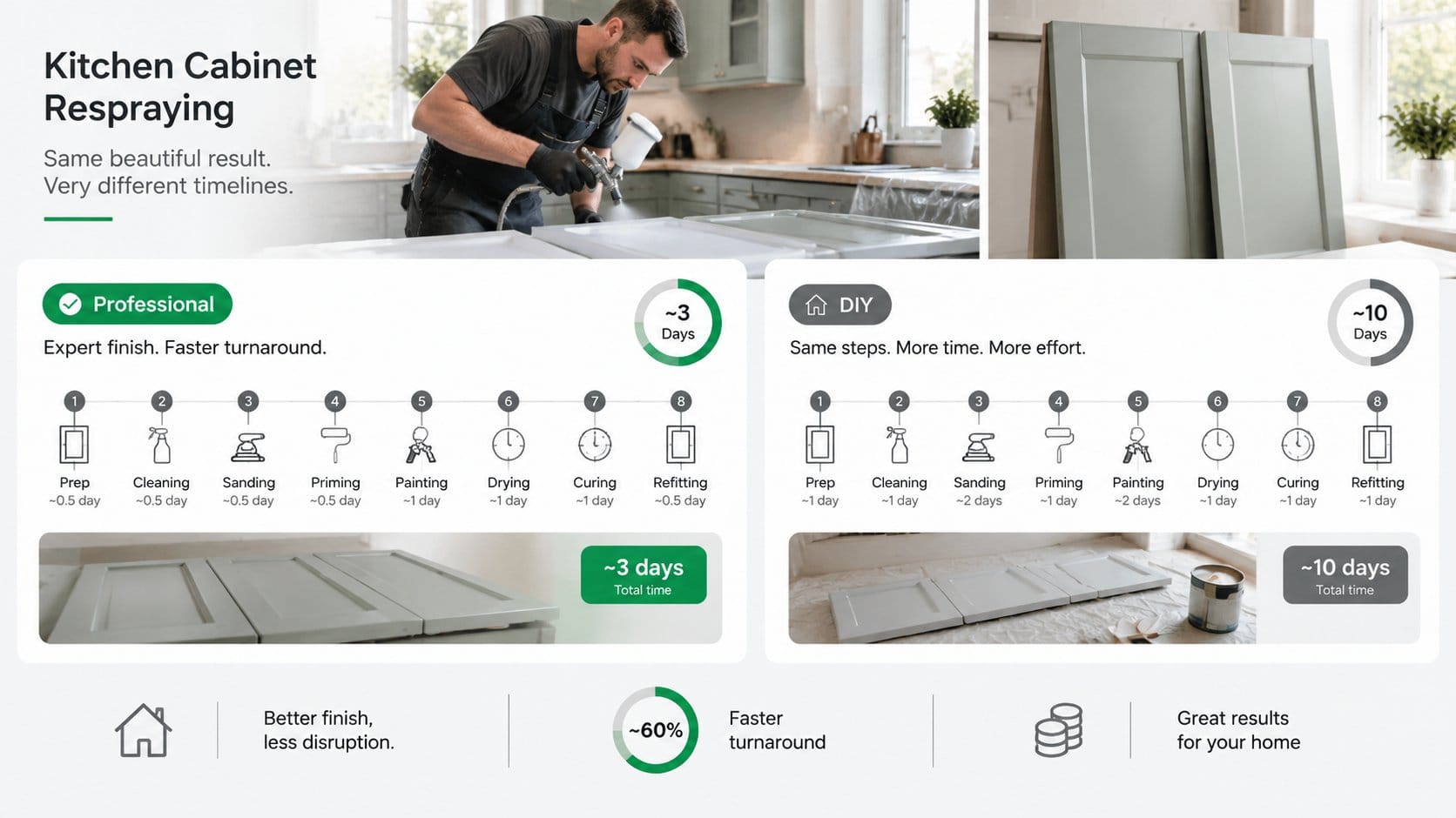 An infographic for homeowners comparing the timeline of professional kitchen cabinet respraying versus a DIY cabinet pai
