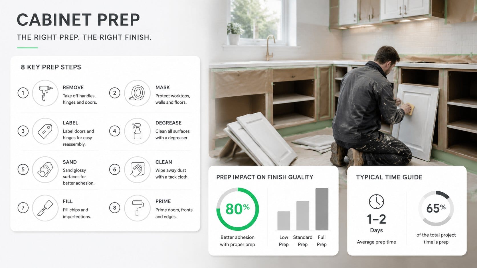 A clear kitchen cabinet preparation infographic for homeowners, showing the main prep stages before painting cabinets: r
