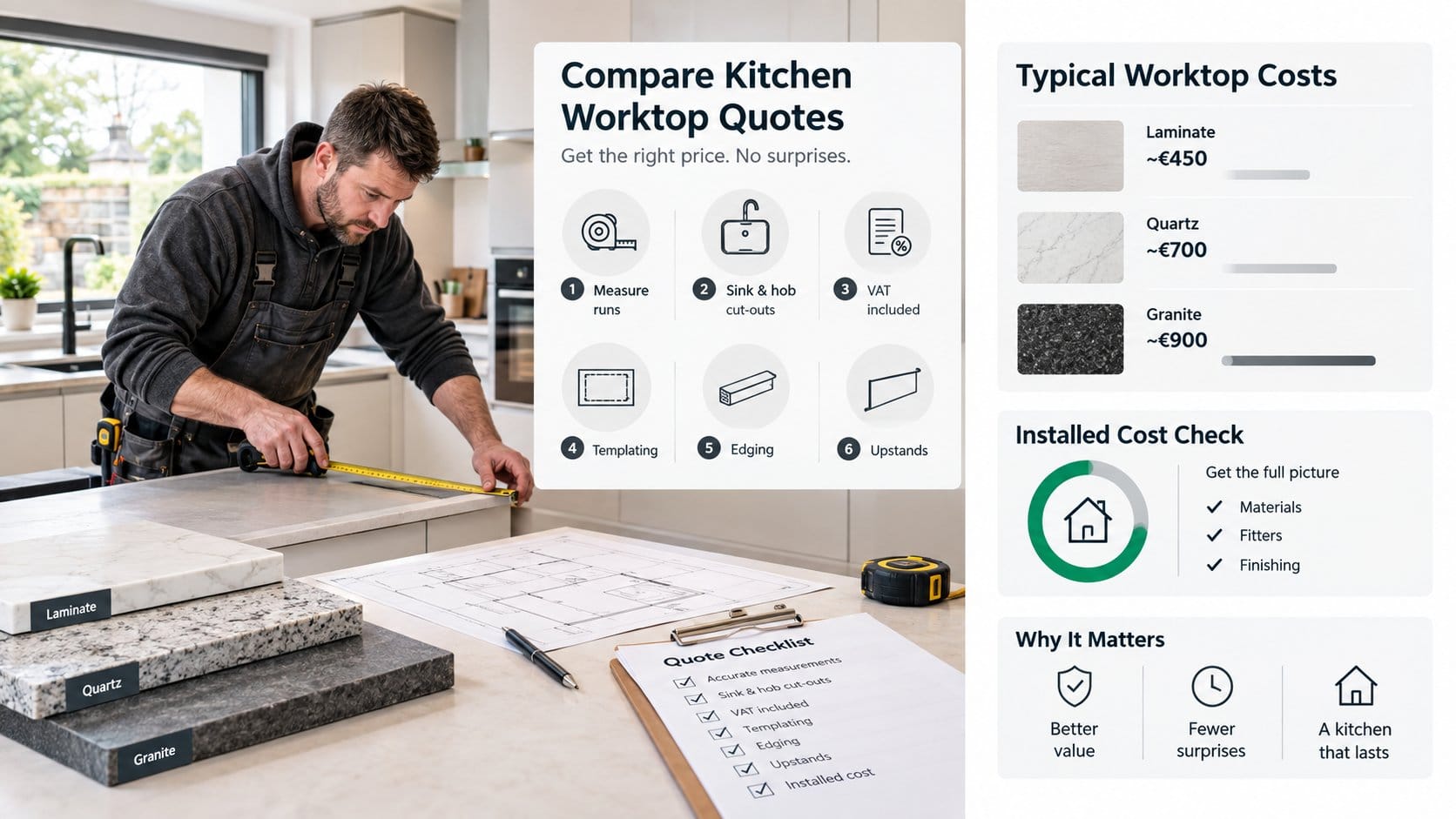 An informative kitchen quote comparison graphic for Irish homeowners, showing a modern kitchen worktop planning scene wi