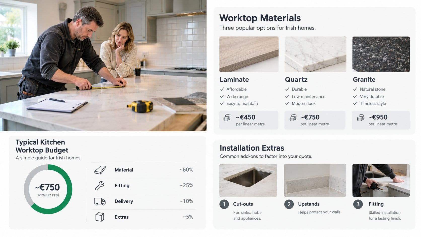 A clear kitchen budgeting infographic scene for Irish homeowners, showing a modern kitchen with labelled worktop materia