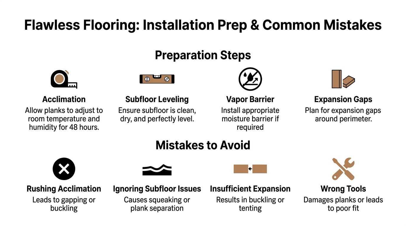 An infographic titled Flawless Flooring outlining essential installation preparation steps and common mistakes to avoid.