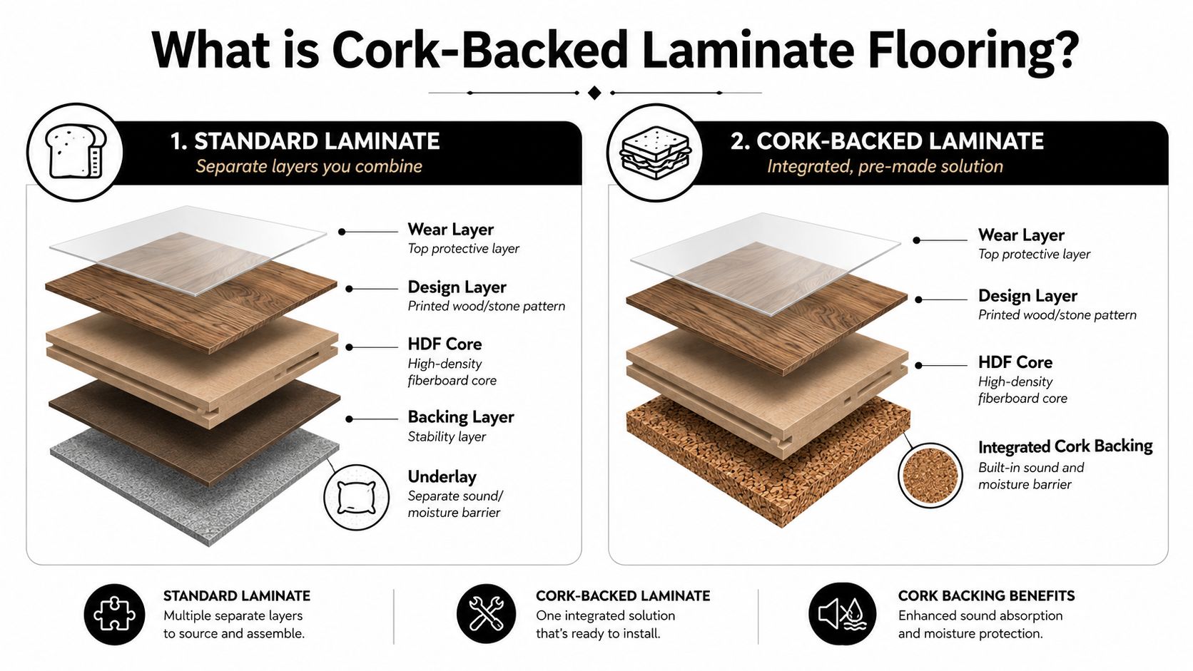 A diagram comparing the layered structure of standard laminate flooring versus integrated cork-backed laminate flooring solutions.