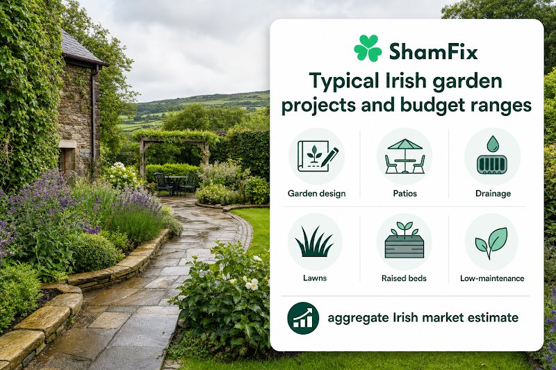 An infographic explaining typical Irish garden project types and budget ranges.