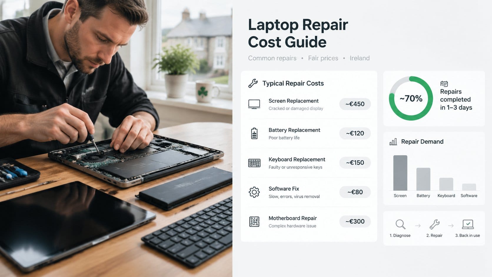 A clear laptop repair pricing visual for an Ireland cost guide, showing a technician's hands beside an open laptop, repl