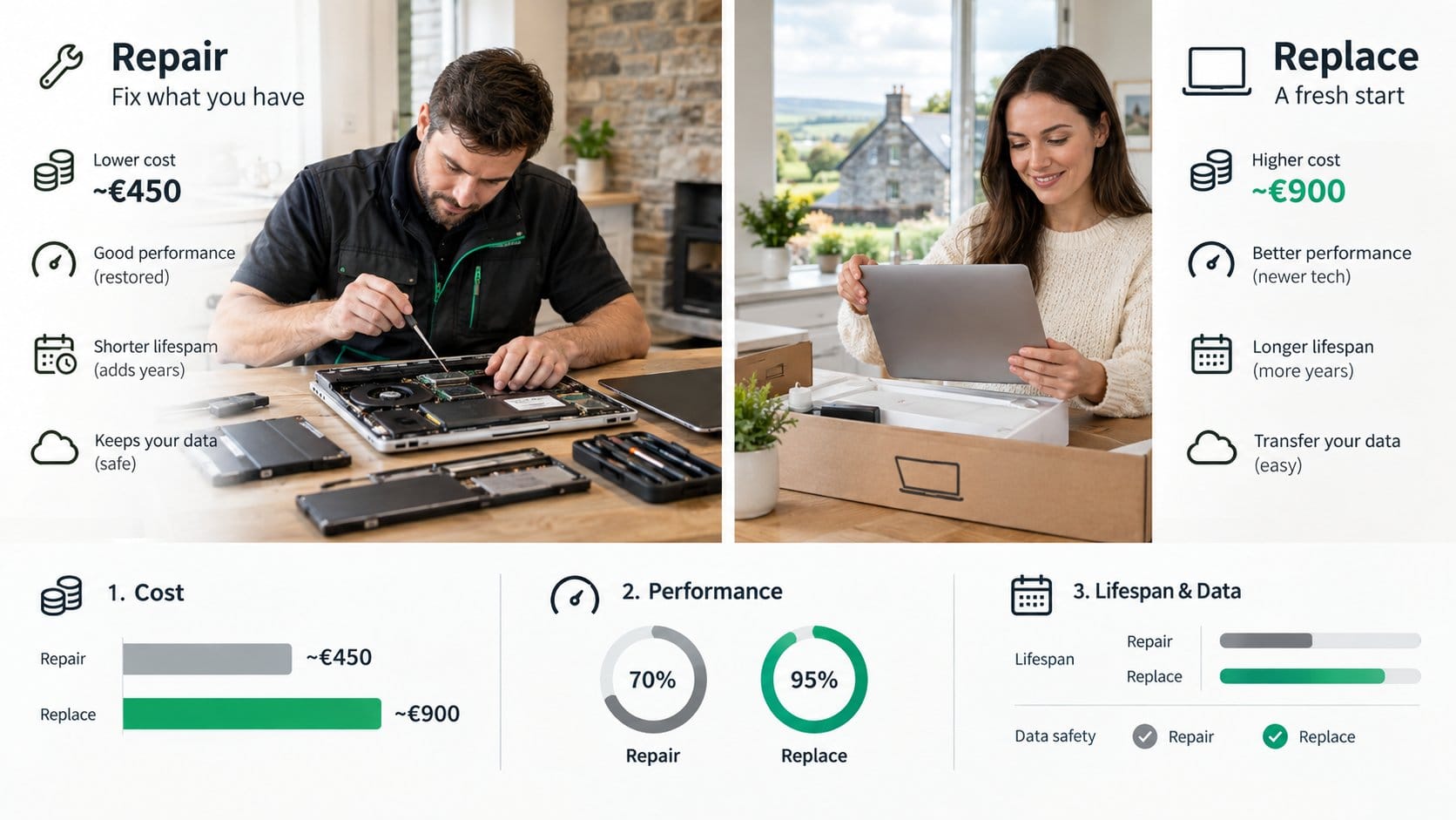 An infographic-style comparison of repairing versus replacing a laptop, showing two clear side-by-side scenarios: on one