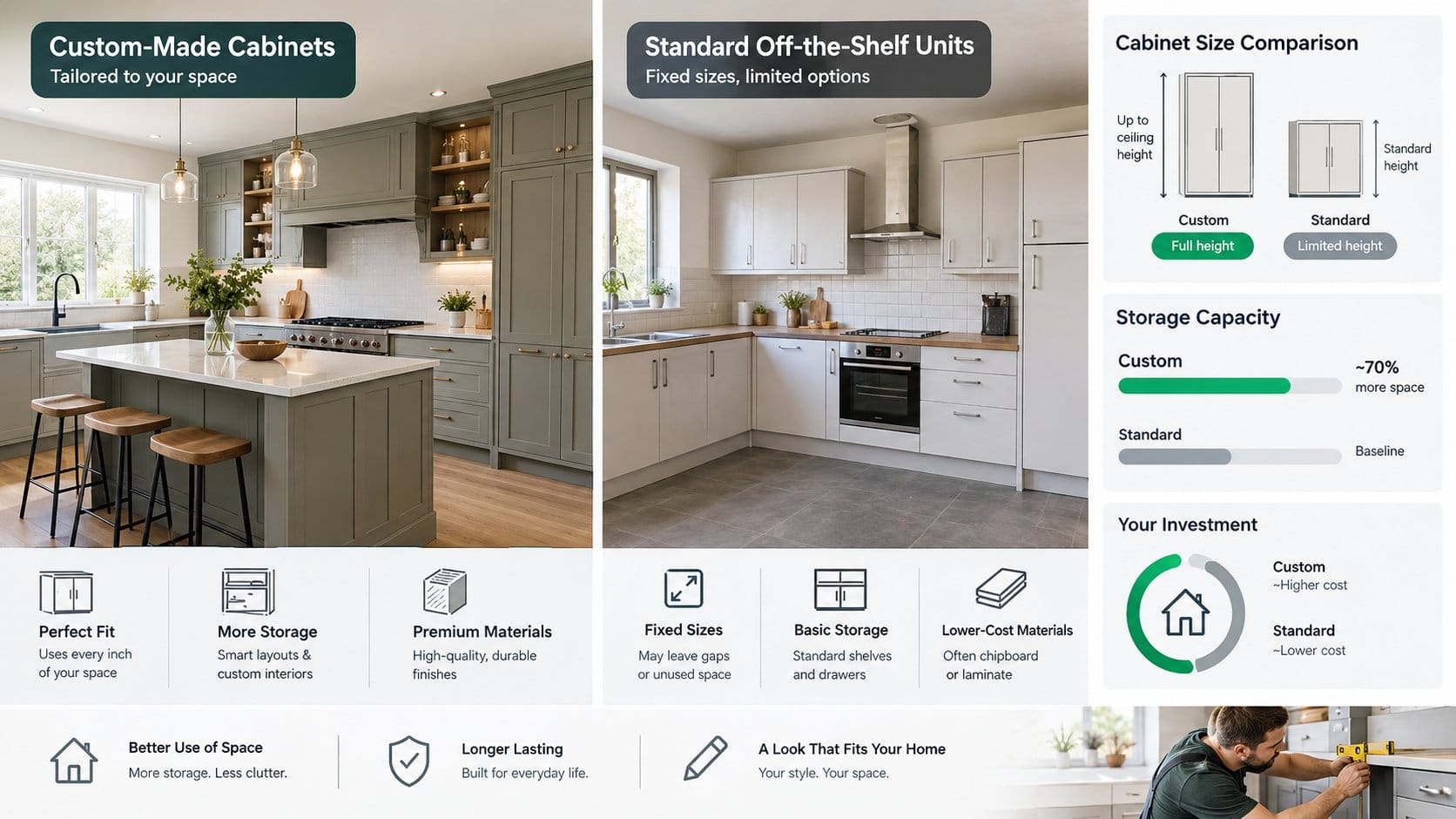A clear kitchen cabinetry comparison graphic showing custom-made kitchen cabinets versus standard off-the-shelf kitchen