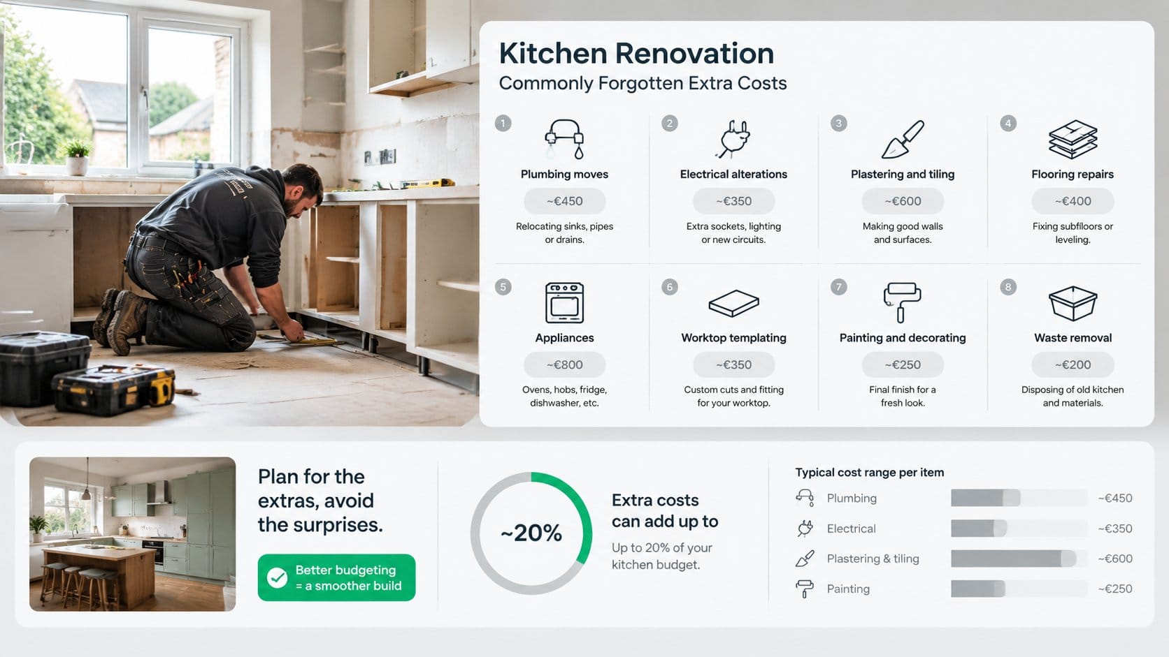 A clear kitchen renovation cost infographic for an Irish home, showing the most commonly forgotten extra costs in a new
