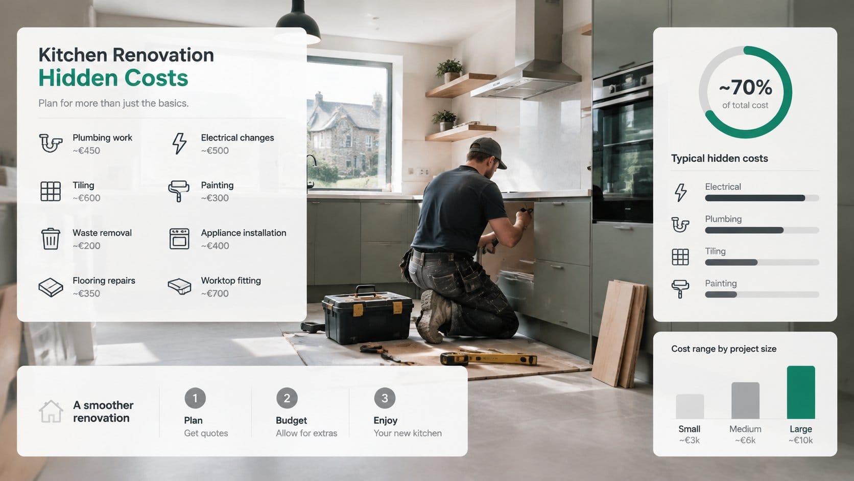 A clear kitchen renovation cost infographic for an Irish home, showing hidden kitchen costs such as plumbing work, elect