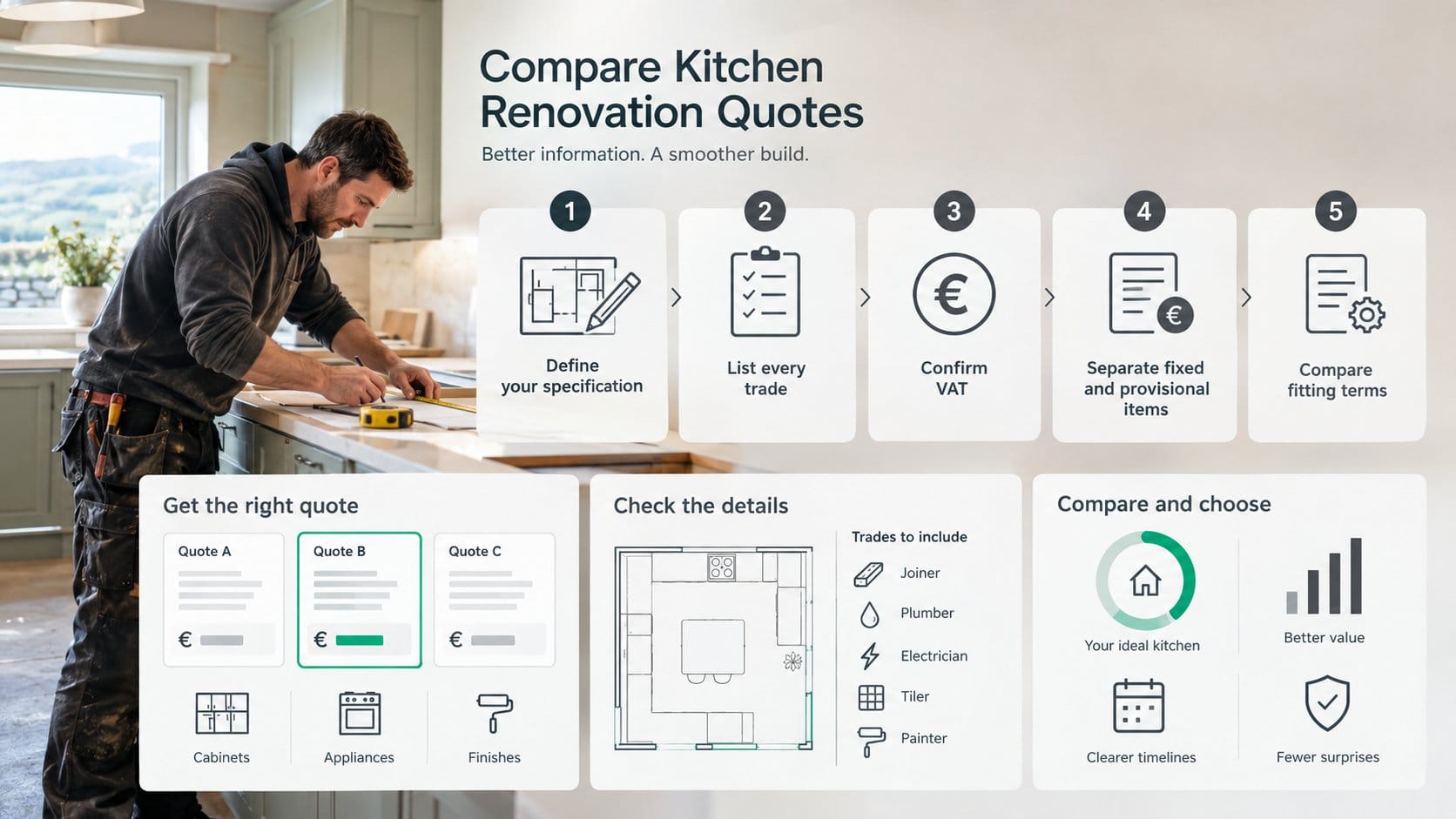 An infographic for homeowners comparing kitchen renovation quotes in Ireland, showing five clear steps: define specifica