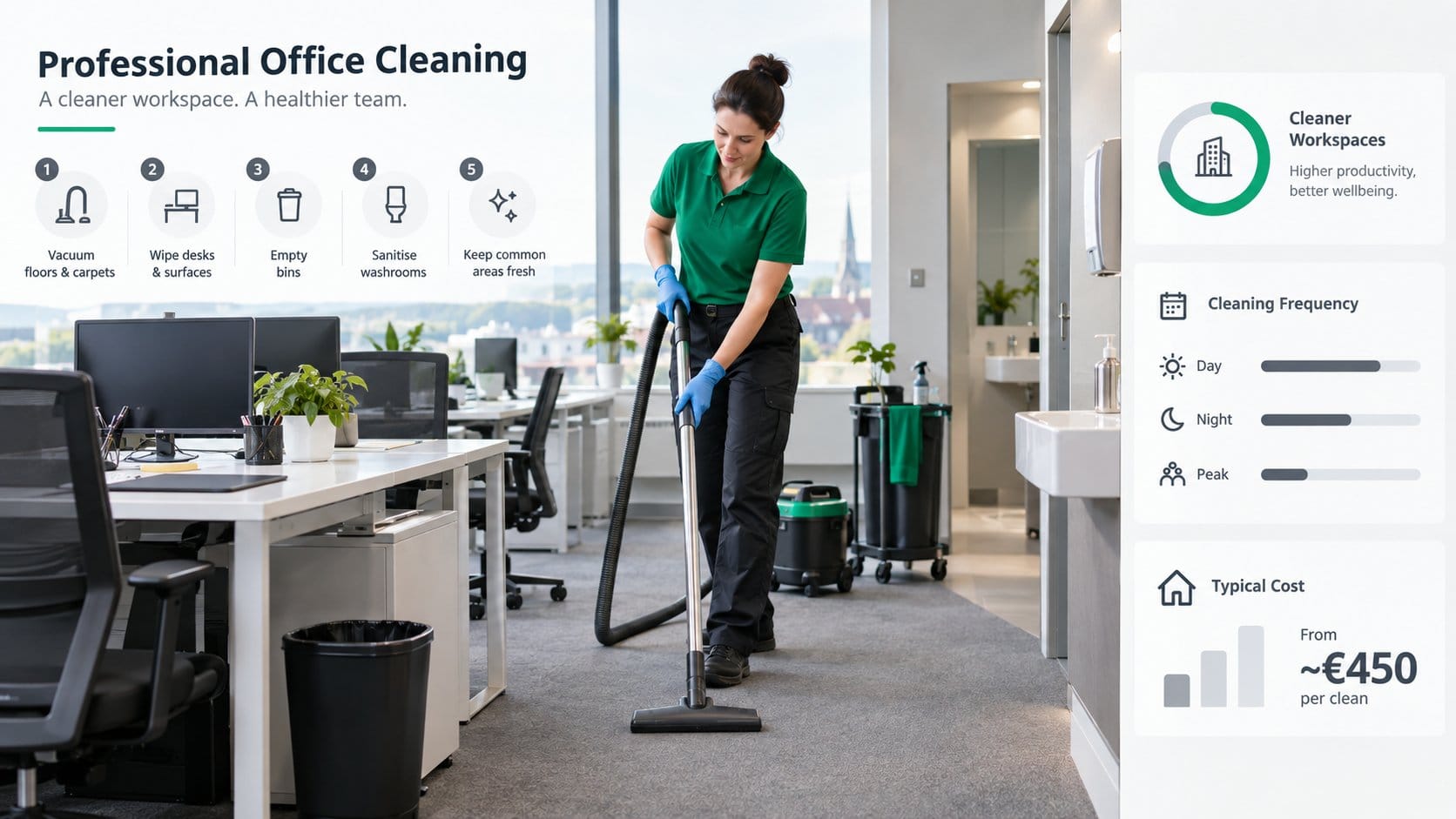 A professional office cleaning infographic scene for an Irish pricing guide, showing a clean modern office workspace wit