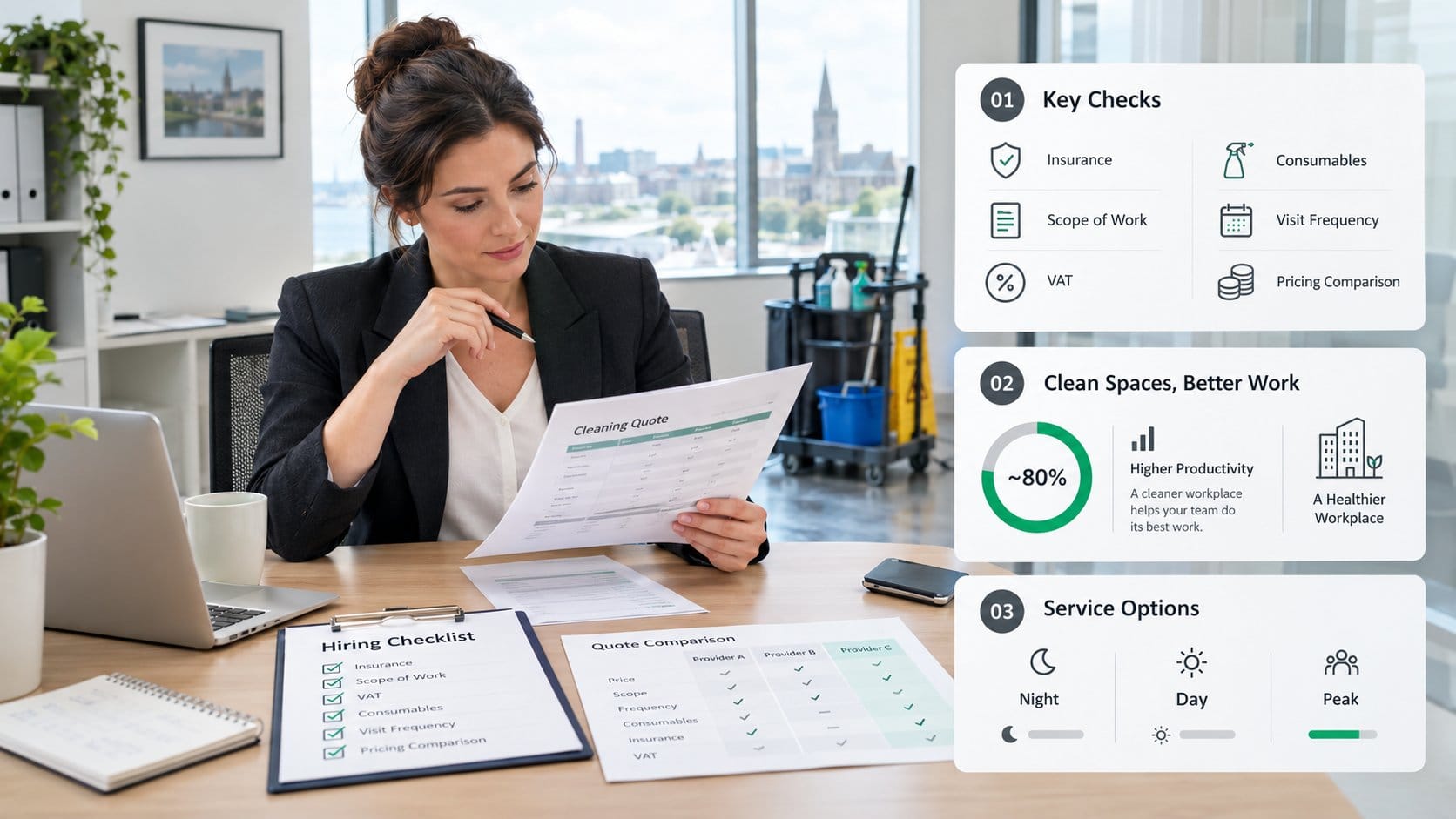 An office hiring checklist scene for an Irish office cleaning pricing guide, showing a facilities manager reviewing clea