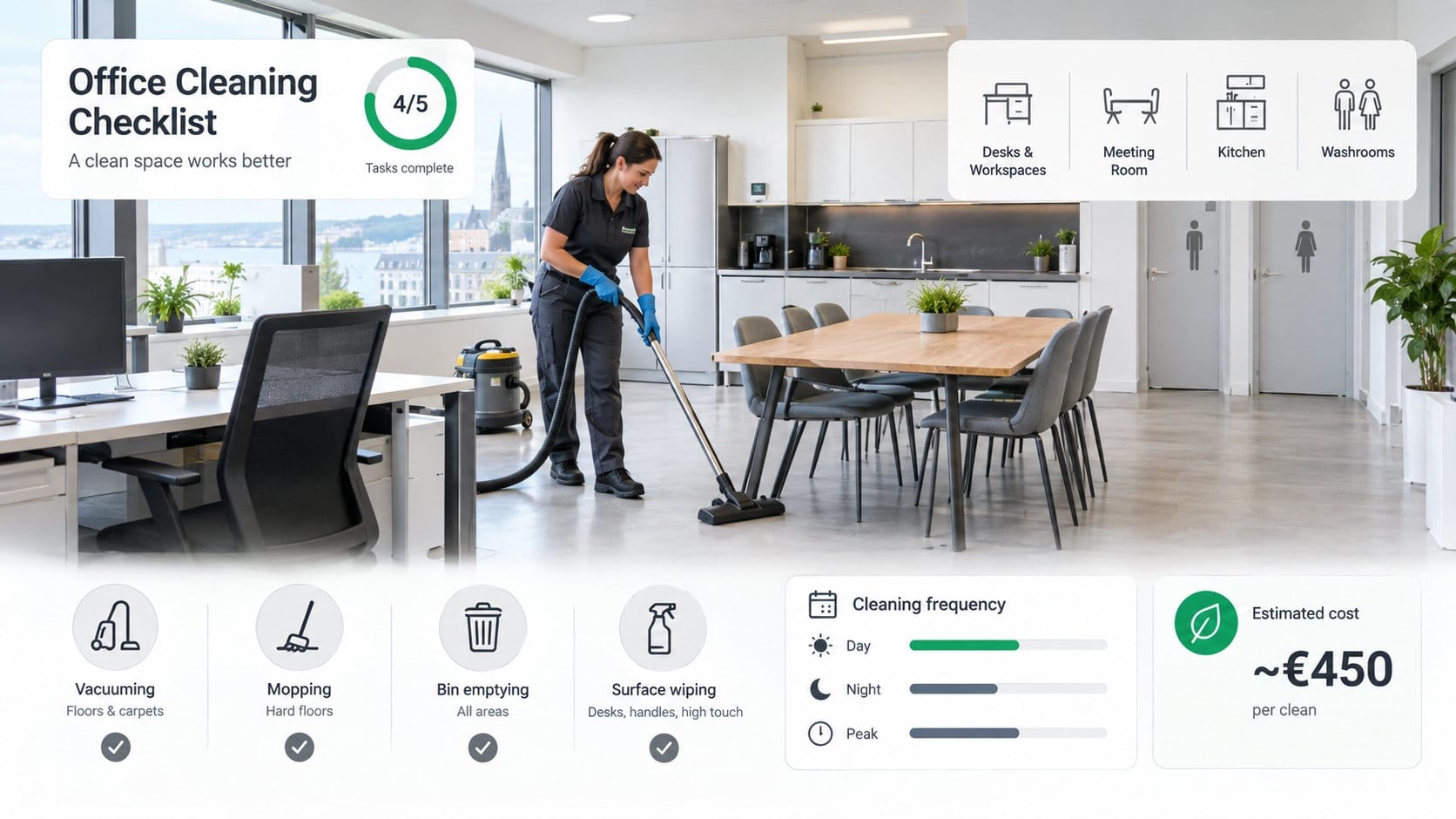 A clean, modern office cleaning checklist scene for an Irish pricing guide, showing a bright workspace with desks, meeti