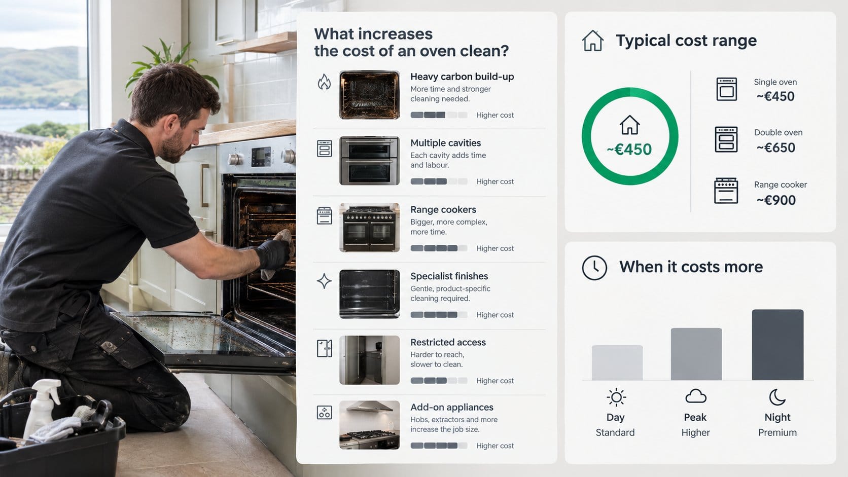 An infographic for homeowners about oven cleaning prices in Ireland, showing the main factors that increase the cost of