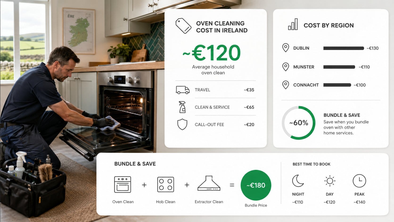 A clean, modern kitchen in an Irish home with a built-in oven, subtle map of Ireland elements, price tag and call-out fe