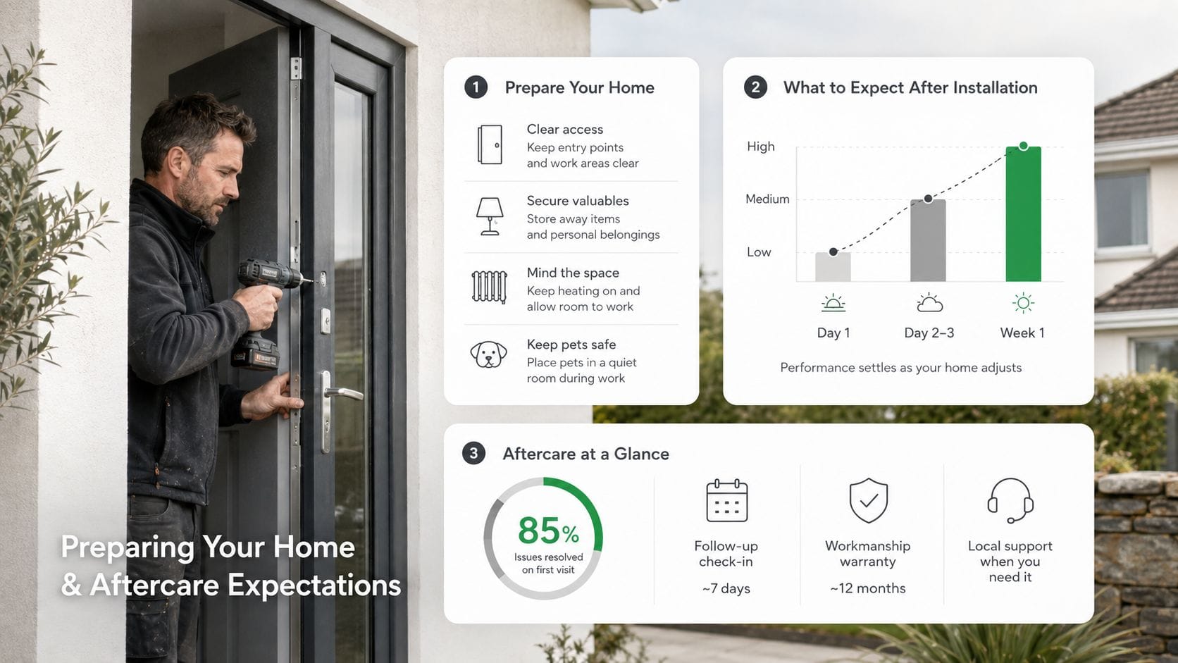 A professional installer works on a home door with a guide showing installation preparation and aftercare.