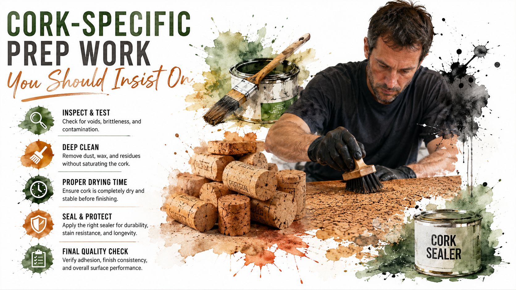 A professional painter cleaning a cork surface before applying sealer, illustrating essential cork preparation steps.