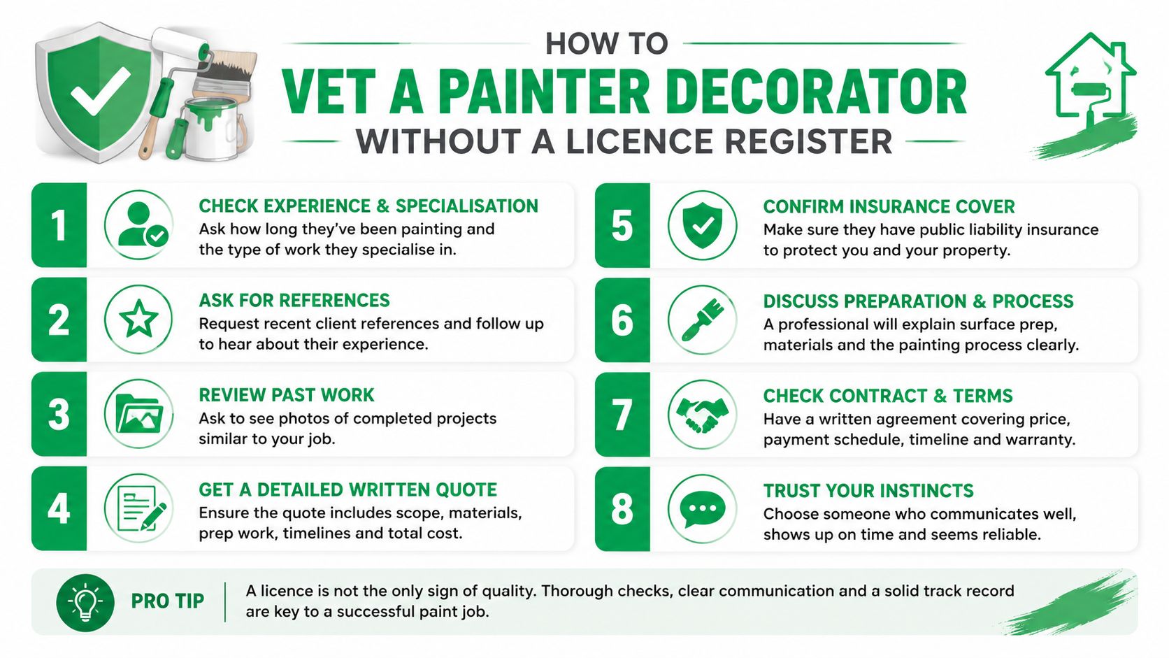 An infographic titled how to vet a painter decorator featuring eight numbered steps for choosing quality professionals.