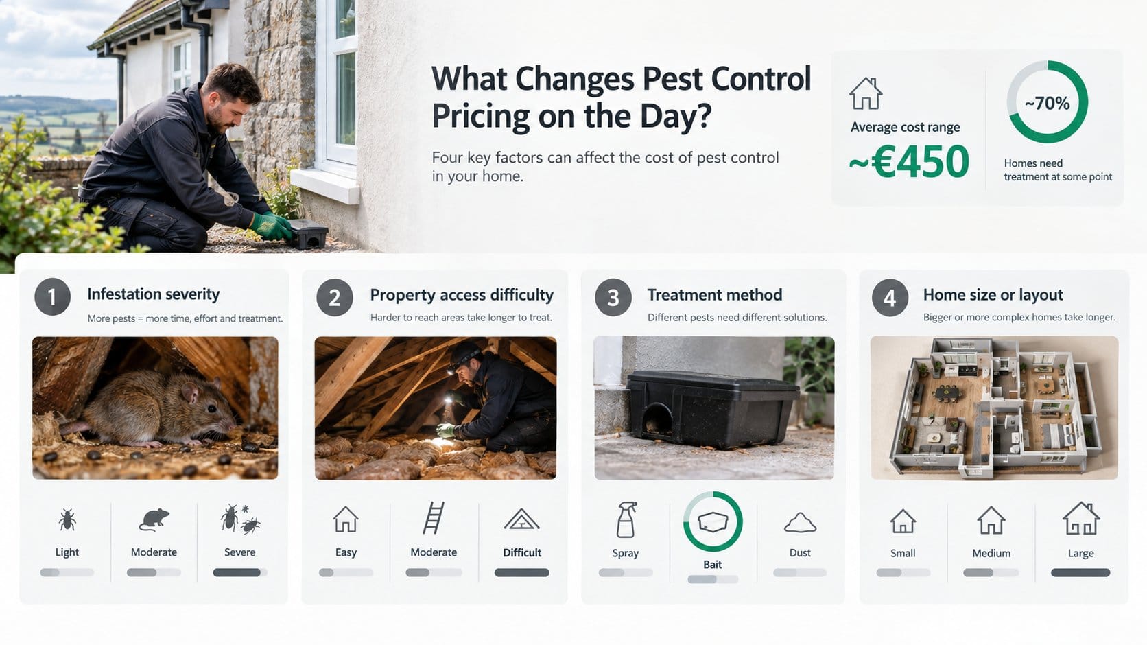 An infographic for a homeowner pest control cost guide in Ireland, showing four clear cost factors with simple visual pa