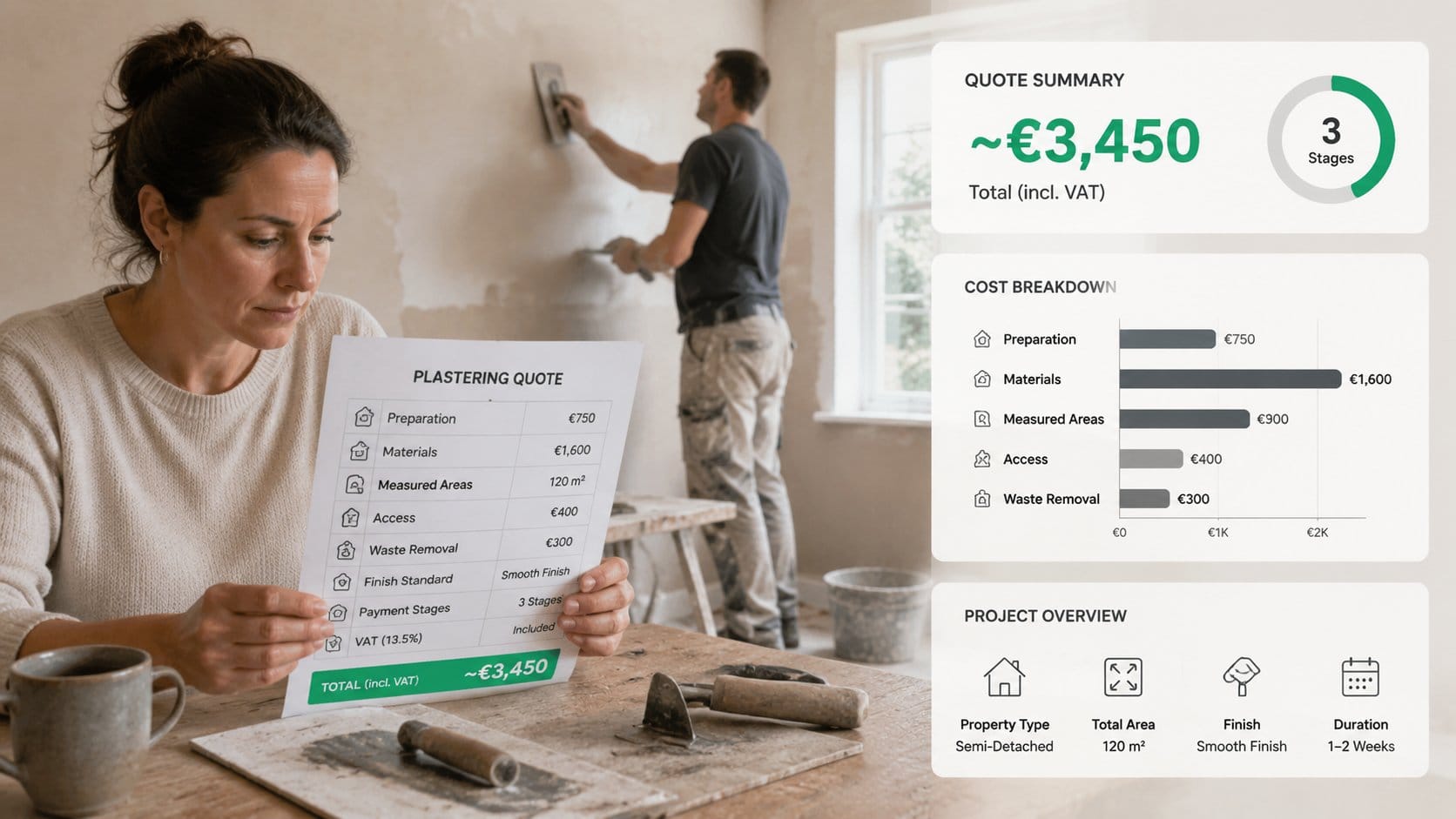 A clear visual checklist for an Irish plastering quote, showing a homeowner reviewing a written quote at a table with li