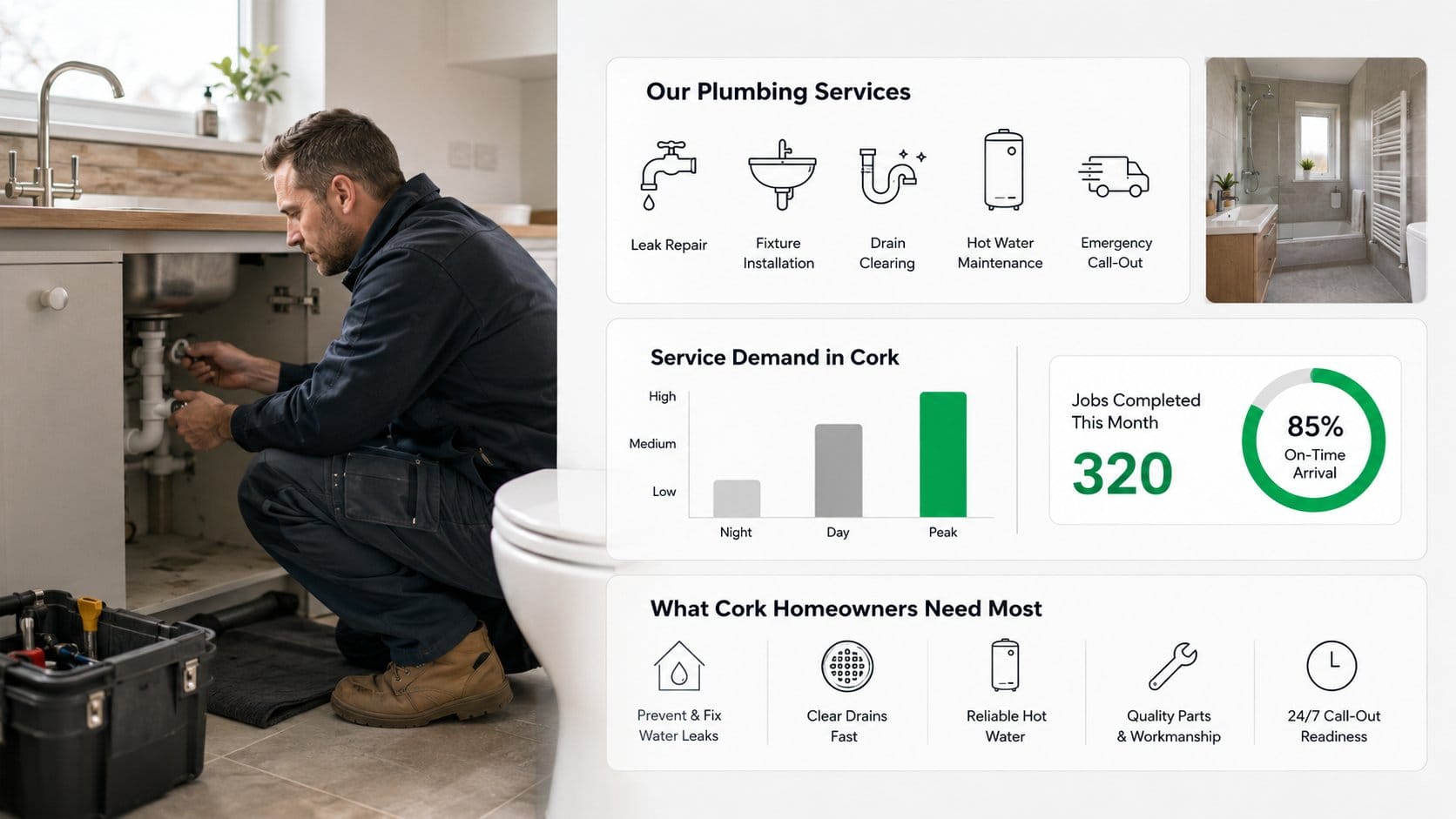 An infographic-style scene showing a plumber in Cork handling common household plumbing services, including leak repair 