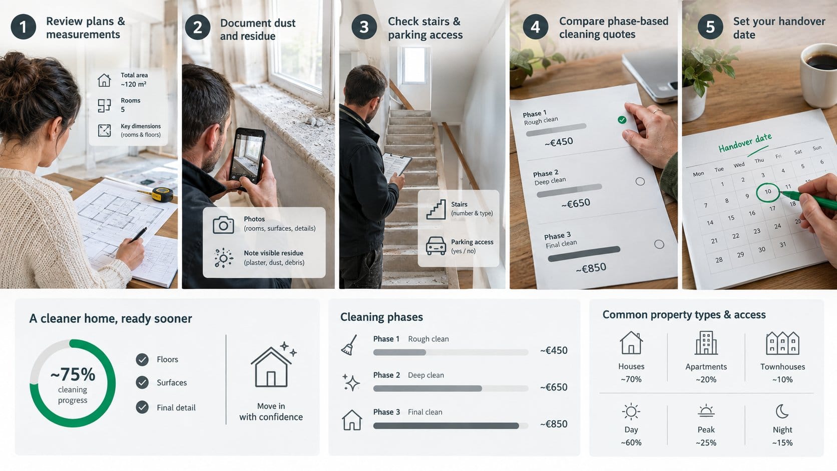 A practical five-step scene showing how to get an accurate quote for post-construction cleaning in Ireland: a homeowner