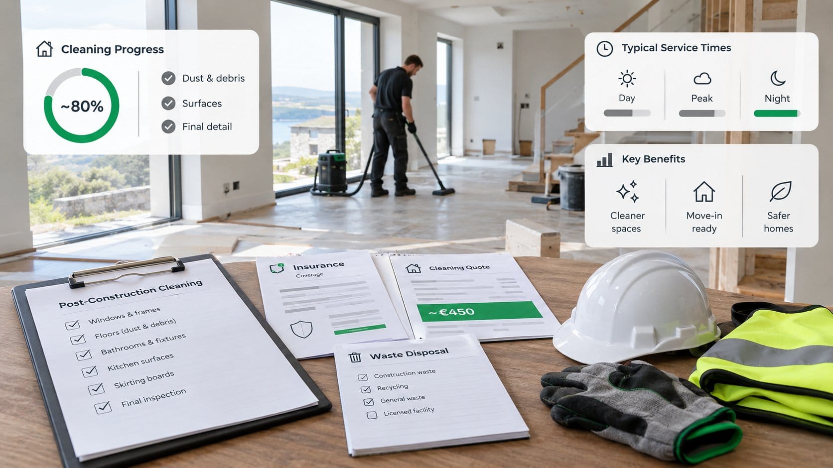 A practical checklist scene for hiring a post-construction cleaning service in Ireland, showing a clipboard with inspect