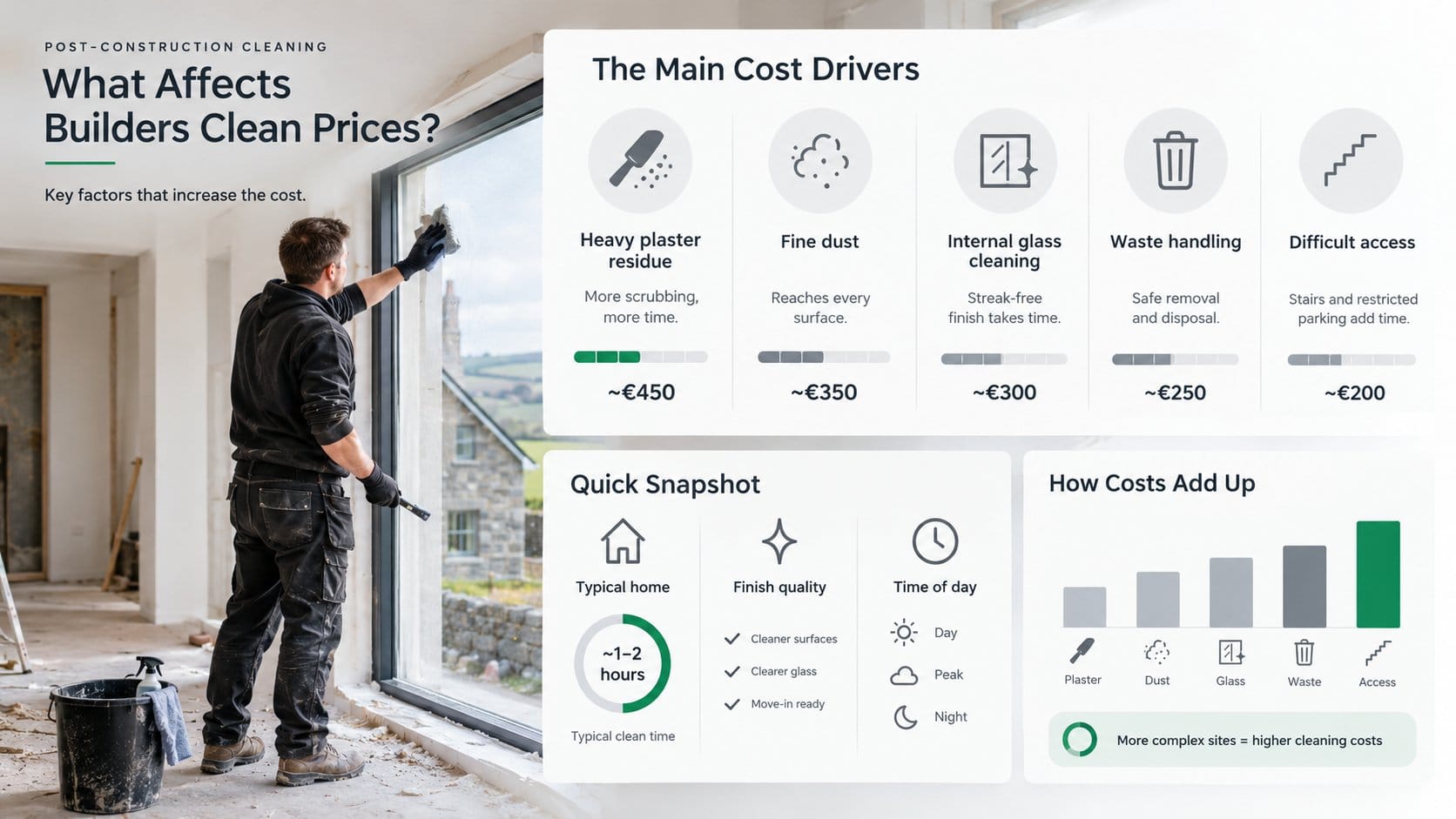 An infographic for an Irish post-construction cleaning cost guide, showing key factors that increase builders clean pric