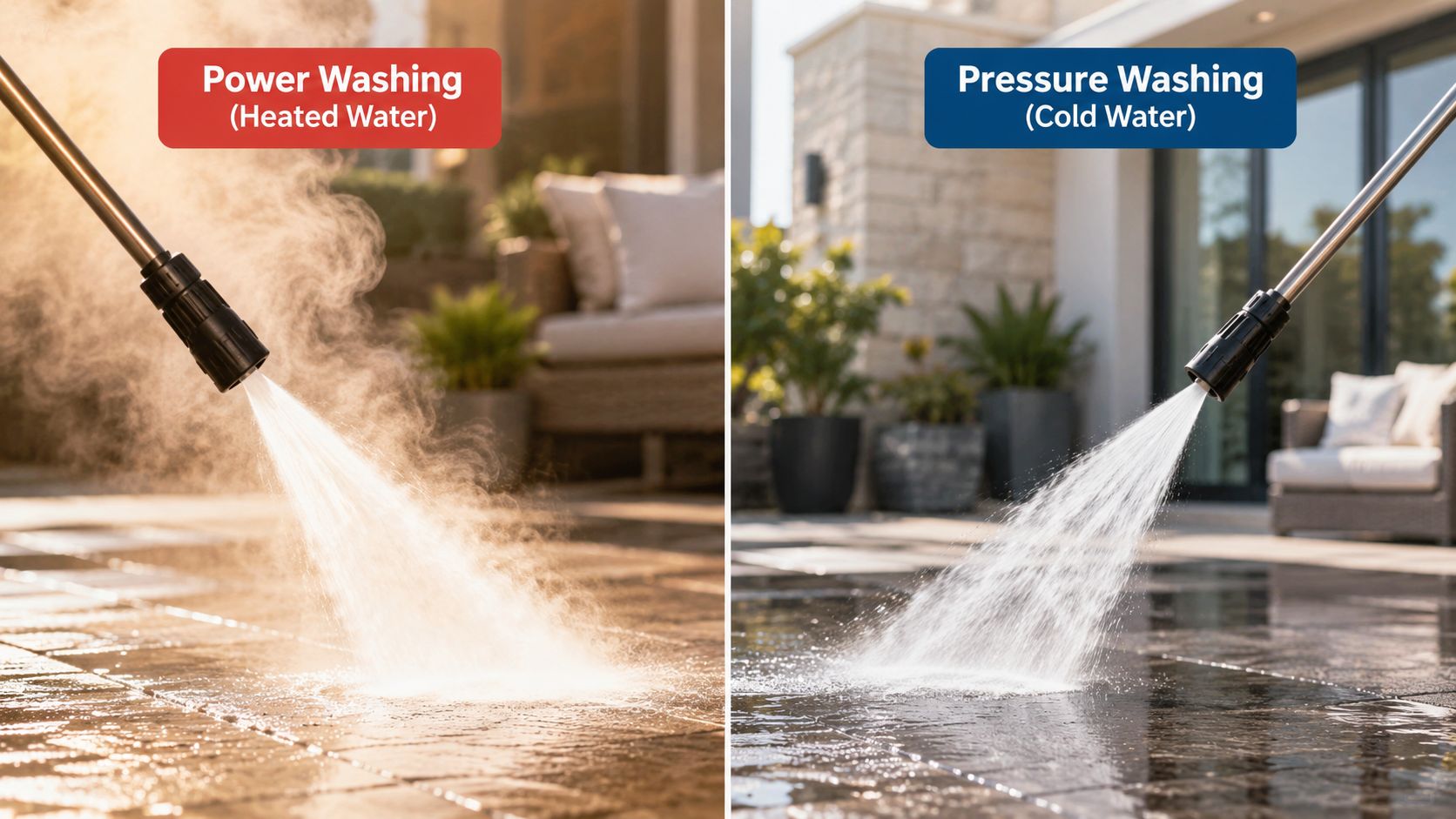 A split image comparing power washing using hot water on the left and pressure washing on the right.