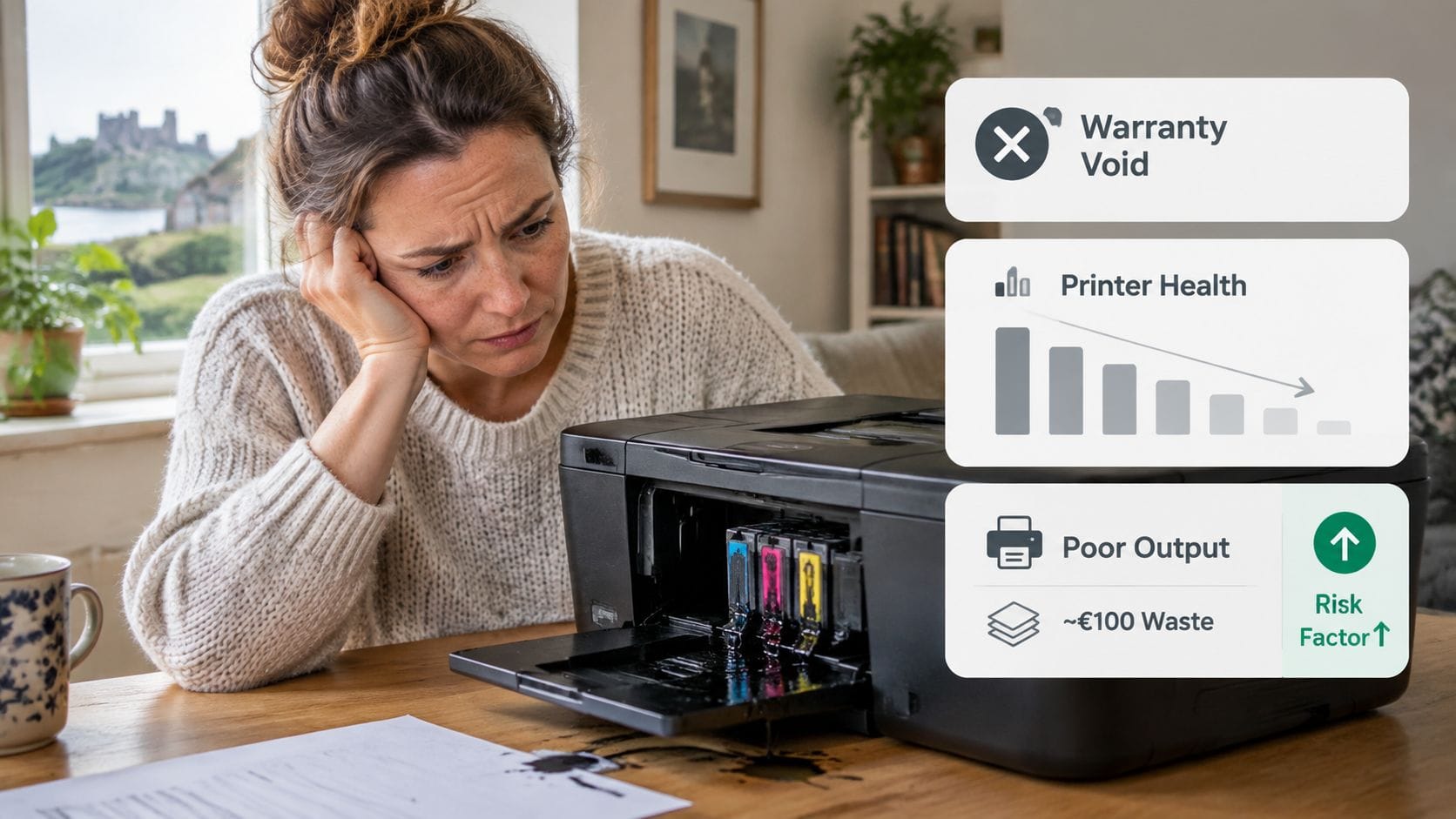 A frustrated woman looking at a leaking printer cartridge, illustrating the financial risks and potential warranty issues.