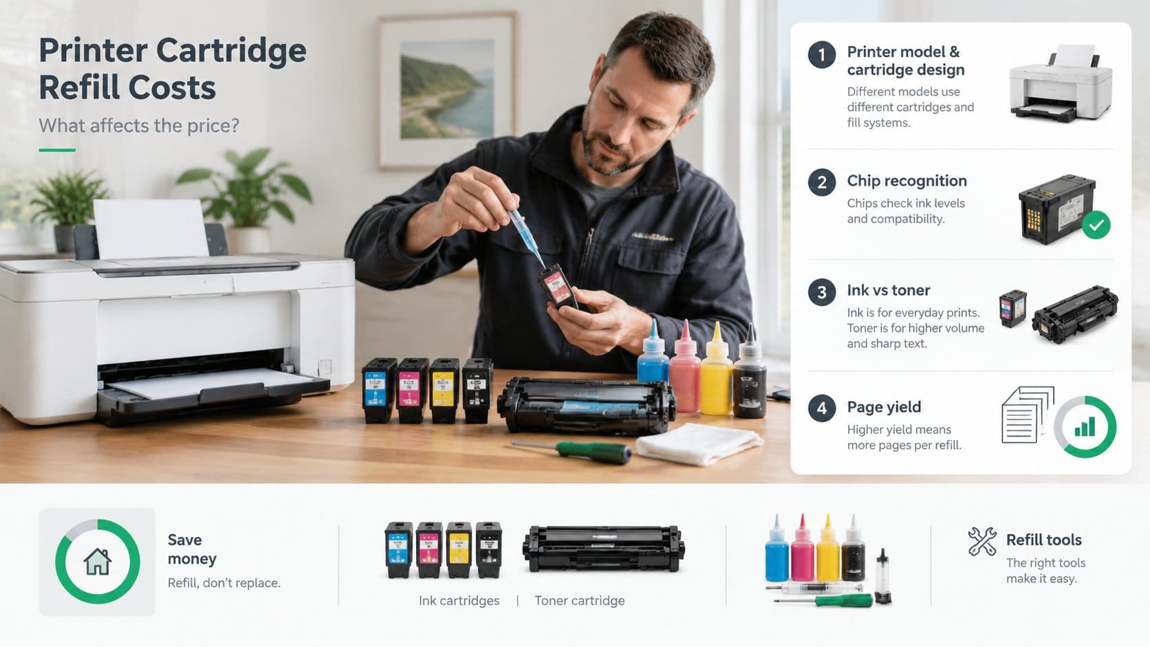 A clear visual for printer cartridge refill costs, showing four key cost factors for Irish printer users: printer model