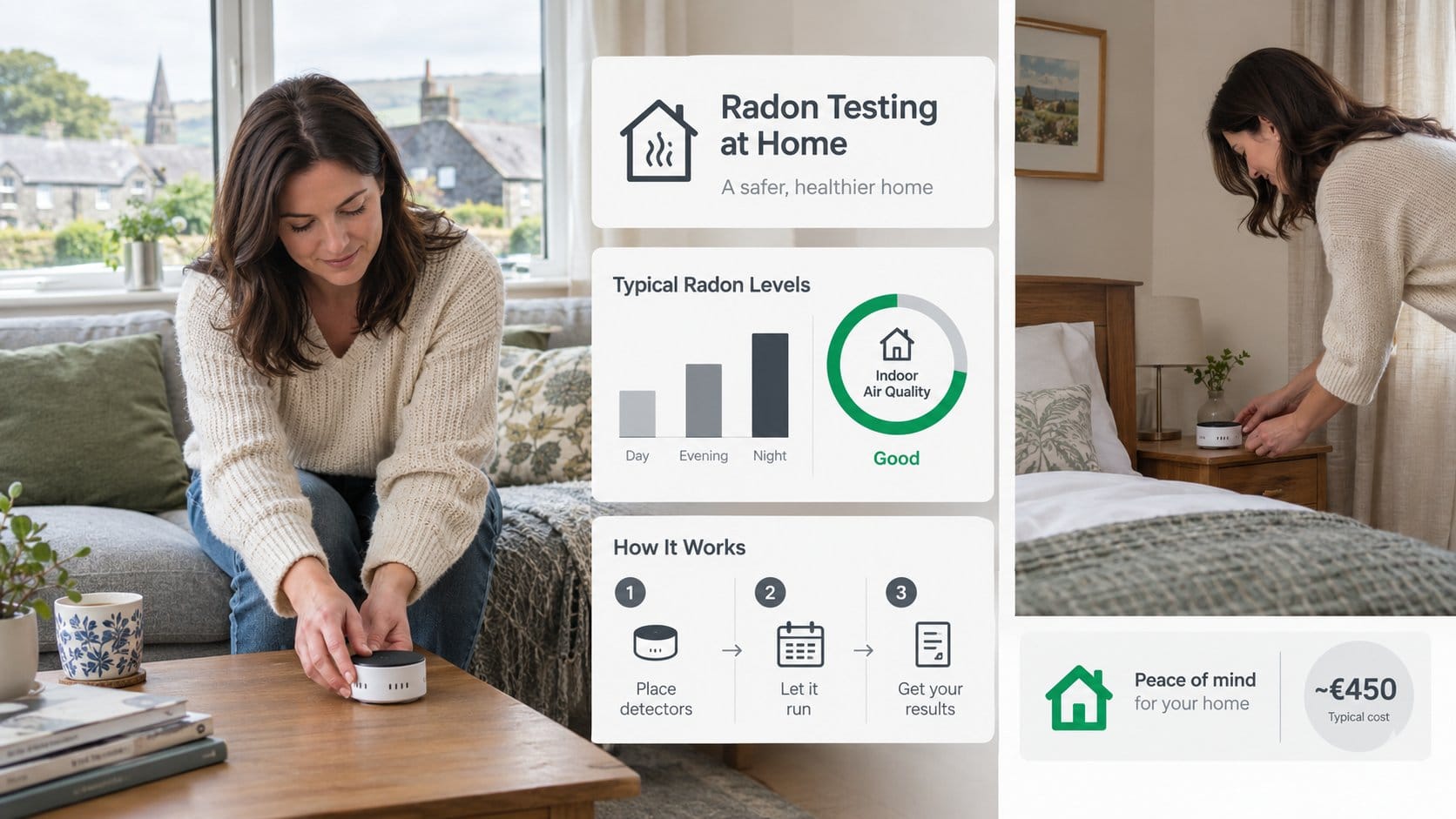 A homeowner in Ireland placing two small radon detector kits in a lived-in house, one in a sitting room and one in a bed