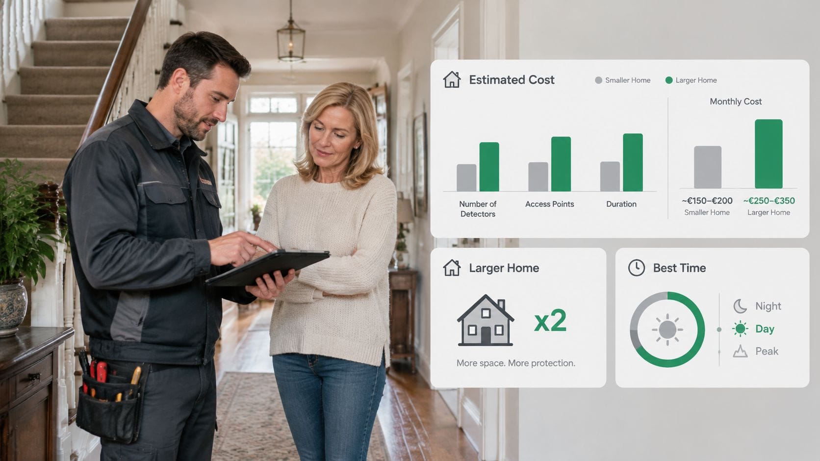 A professional technician discusses home radon testing costs and protection options with a homeowner using a digital tablet.